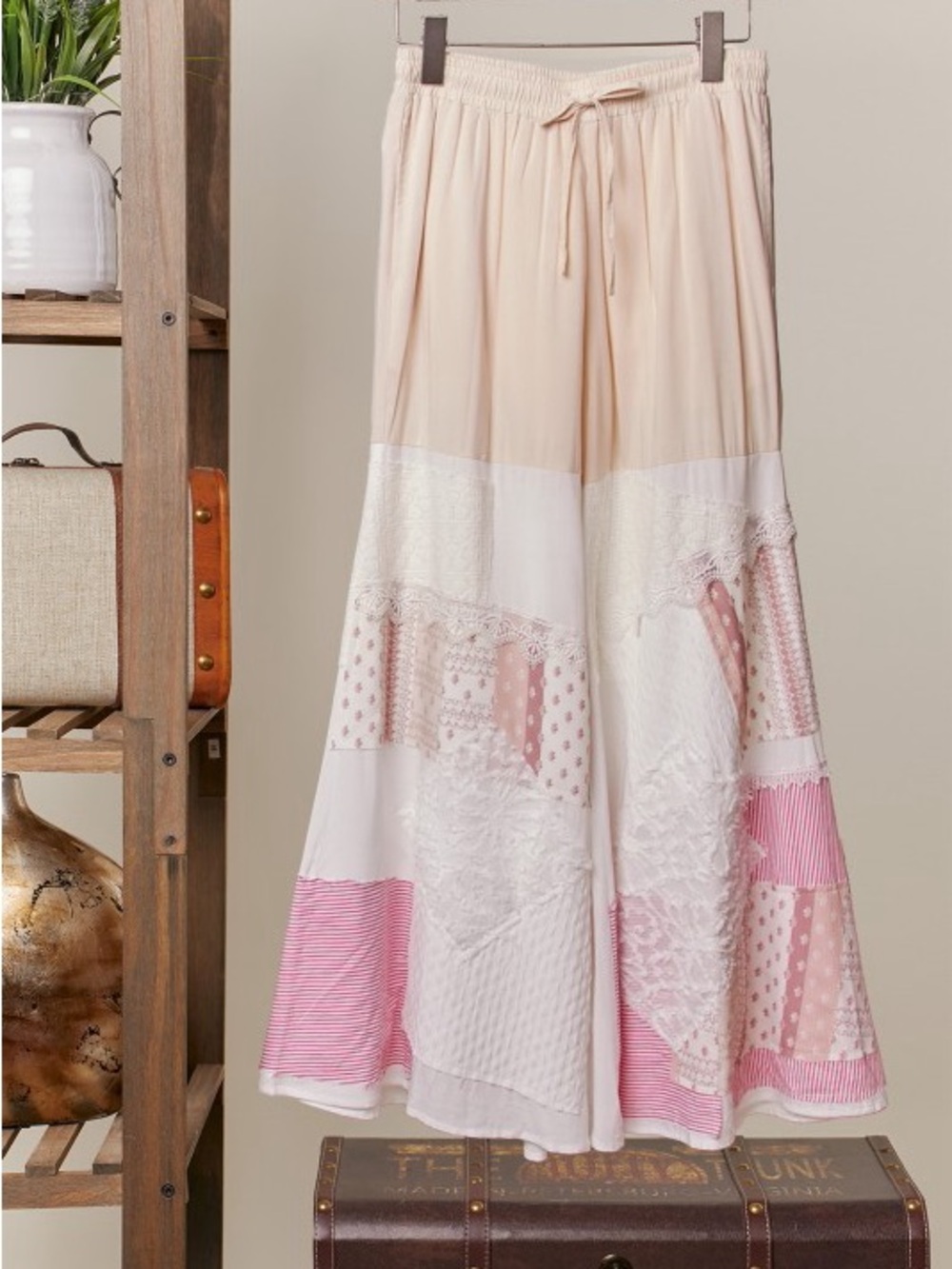 Boho Patchwork Wide-Leg Pants in Blush, White & Pink - Picture 3 of 5